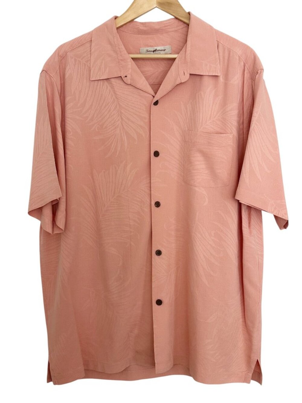 Tommy Bahama Men XL Coral Pink 100% Silk Button Up SS Shirt Palm Leaf Jacquard